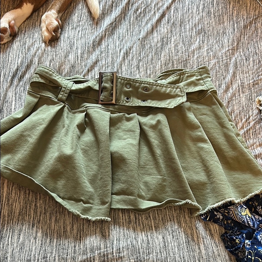 No Boundaries Green Mini Skater Skirt with Cargo Pleats